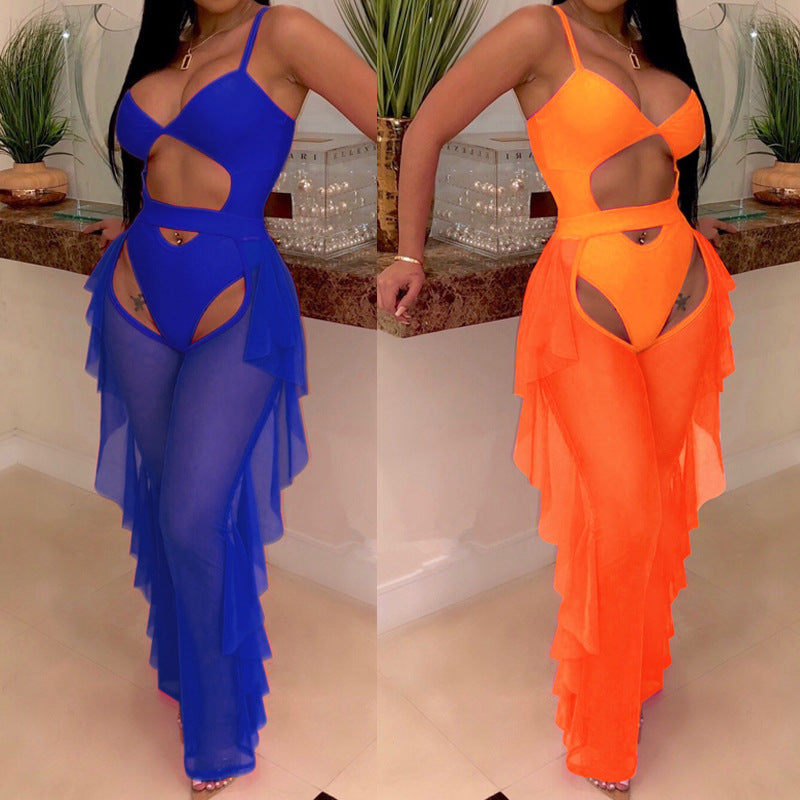 See through Pants Suit Sexy Hollow out One Piece Swimsuit Stitching Yarn Pants Trousers