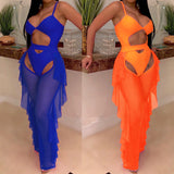 See through Pants Suit Sexy Hollow out One Piece Swimsuit Stitching Yarn Pants Trousers