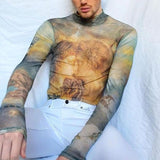 Rave Outfits Men Long Sleeve Shirt Spring Tight Long Sleeve Bottoming Shirt Vintage Printed