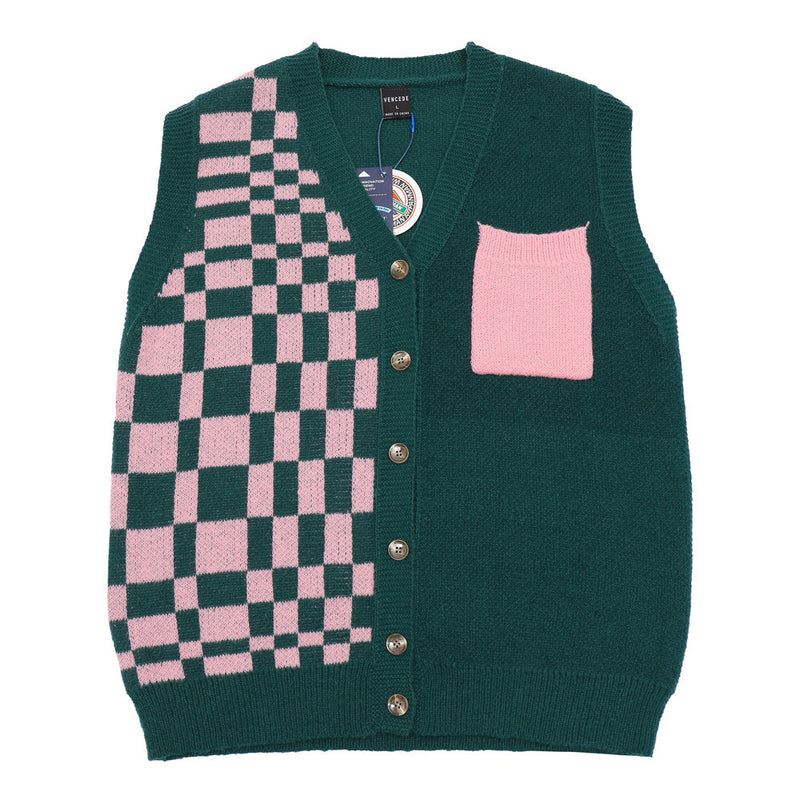 Men Sweater Vest Color-Contrast Check Sweater Vest Vest Men's BF Idle Style Loose V-neck Cardigan Sweater