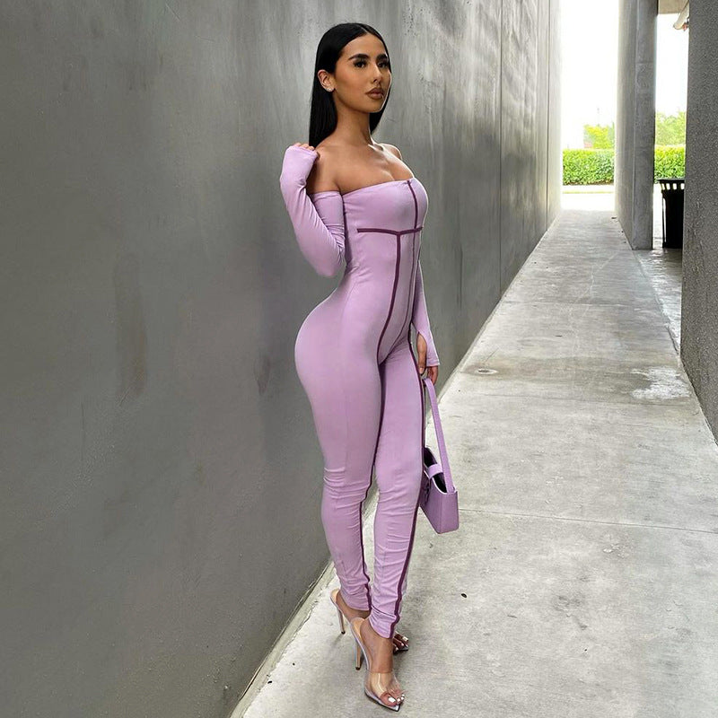Autumn Solid Color off-Shoulder Long Sleeve Sunken Stripe Stitching Tight Trousers Jumpsuit