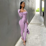 Autumn Solid Color off-Shoulder Long Sleeve Sunken Stripe Stitching Tight Trousers Jumpsuit