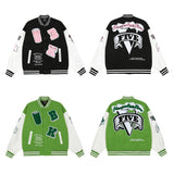 Green Varsity Jacket PU Leather Stitching Jacket Men's Hip Hop Contrast Color Towel Embroidery Baseball Uniform Jacket
