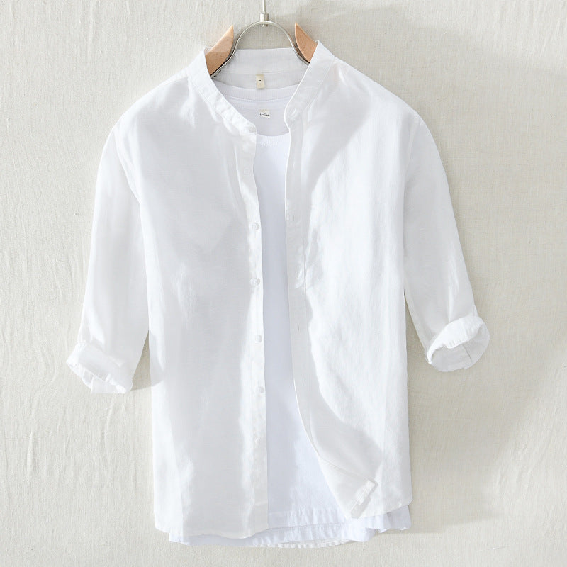White Work Shirts Summer Stand Collar Solid Color White Youth Cotton and Linen Casual Loose Shirt