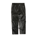 Mens Fall Outfits High Street Strap PU Leather Wide-Leg Pants Male Couple Straight-Leg Trousers