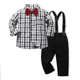 Children Boy Formal Shirt & Suspender Pants 2 Piece Set Autumn Long Sleeve Cotton Cardigan Suspender Trousers