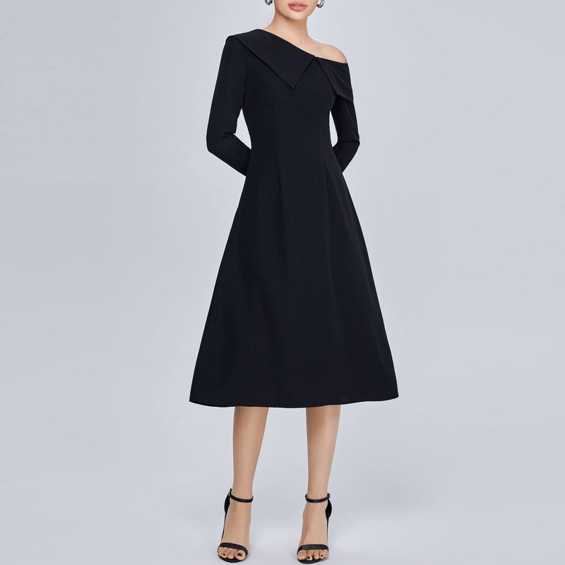 Women Spring Dress Long Sleeve Dress Lapel Sloping-Shoulder off the-Shoulder Waist Ladies Dress