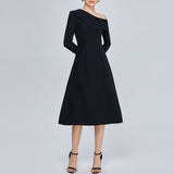 Women Spring Dress Long Sleeve Dress Lapel Sloping-Shoulder off the-Shoulder Waist Ladies Dress