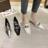 Finn Chain Pointed Toe Mule Crocodile Pattern Patent Leather Muller Pumps Rhinestone Metal Buckle Autumn Stiletto Square Head Kitten Heels Women