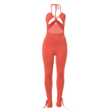 Summer Solid Color Sleeveless Drawstring Strap Backless Slim Fit Trousers Jumpsuit