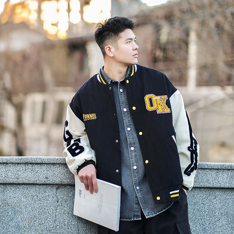 Baggy Jacket Embroidery Stitching Baseball Jacket Men's Casual