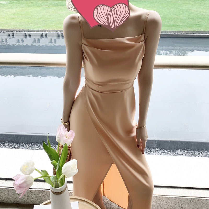 Satin Dress Long Slit Suspender Dress Long Dress for Women
