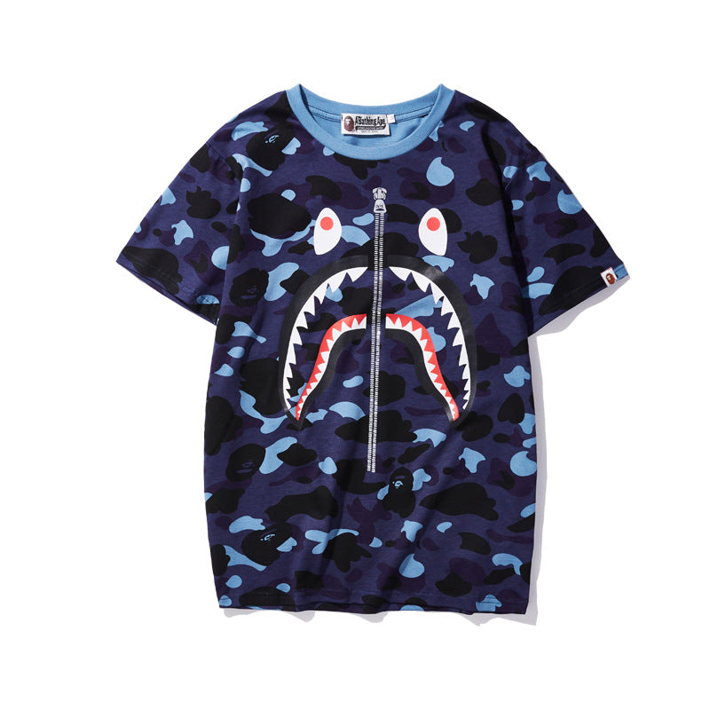 WGM Shirt Zipper Camouflage Shark Men's and Women's Cotton Short-Sleeved T-shirt