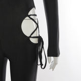 Spring round Neck Backless Long Sleeves Tether Spaghetti Strap Bra One-Piece Casual Trousers