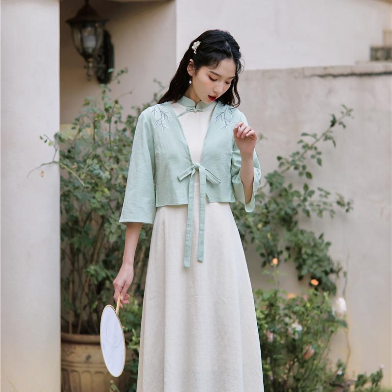 Women Retro Cottagecore Vintage Summer Dress Embroidered Slim Fit Dress Two-Piece Set