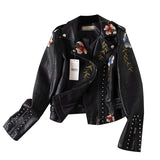 Women PU Leather Jacket Biker Motorcycle Coat Sleeve Zipper Rivet Embroidery PU Leather Motorcycle Clothing Short Coat