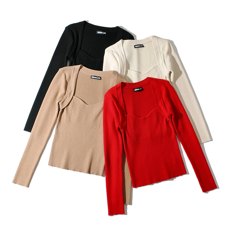 Women Fall Fall Four-Color Square Collar Knitted Top Slim Fit Sweater