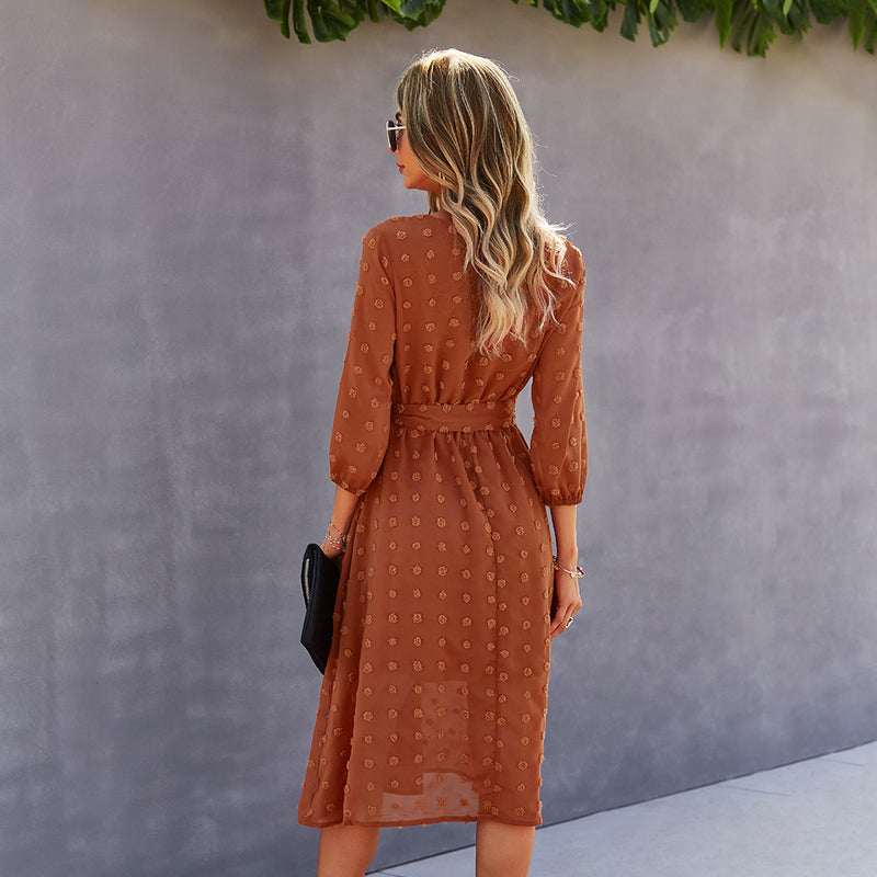 Burnt Orange Dress Design Fashion Spring and Autumn 5-Quarter Sleeve Women's Stand-Alone Dress