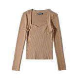 Women Fall Fall Four-Color Square Collar Knitted Top Slim Fit Sweater