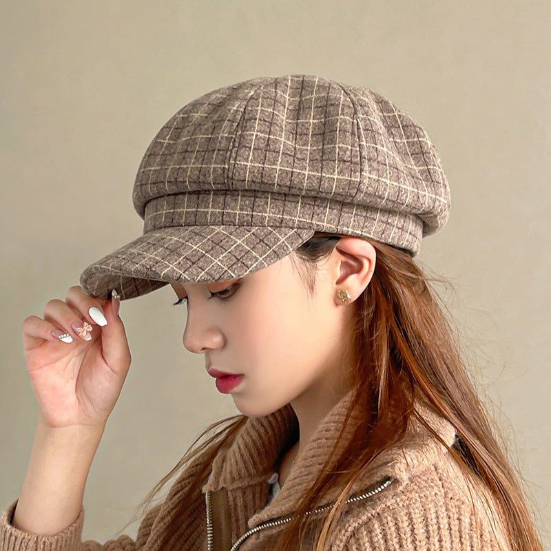 Check Beret Hat Autumn and Winter Beret Women's Casual Versatile Lattice
