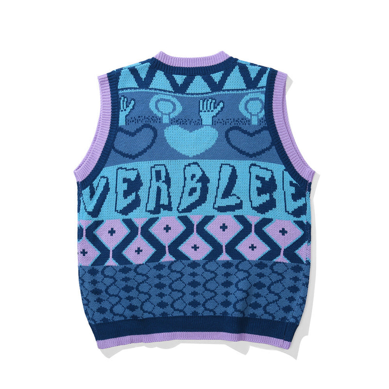 Men Sweater Vest Letter Jacquard Sweater Vest Men's V-neck Sleeveless Sweater Vest
