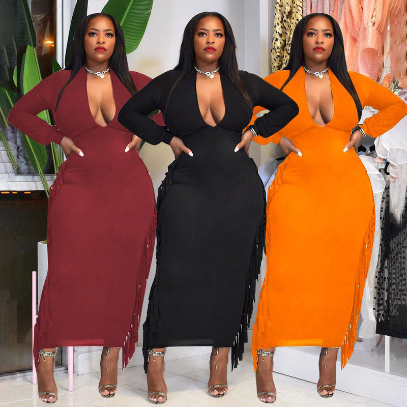 Nina Parker Black Dress plus Size Sexy Tassel Dress