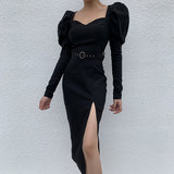 Winter Formal Dresses Autumn And Winter Puff Sleeve Dress Casual Slit Square Collar Belt Hip Skirt For Women