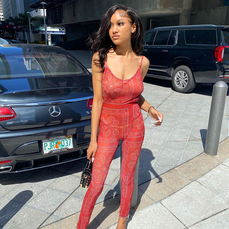 Summer Printed Sleeveless Backless Gauzy Stirrup Trousers Jumpsuit for Women