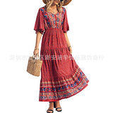Emery Rose Dresses Cotton Printed Bohemian Dress Short Sleeve Maxi Dress