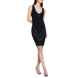 Women Spring Dress Tight Waist V-neck Rhinestone Sleeveless Short Dress