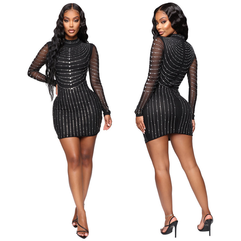 Nina Parker Black Dress Rhinestone Slim-Fit Long-Sleeved Party Sheath Dress