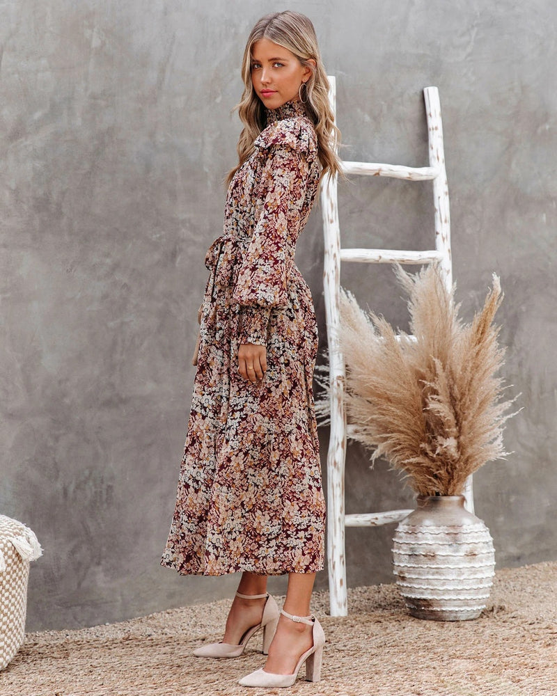 Emery Rose Dresses Pleated Turtleneck Small Floral Print Long Large Hem Long Sleeve Dress