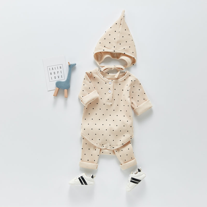 Spring Rompers Polka Dot Bottoming Romper Jumpsuit Hat Three-Piece Set