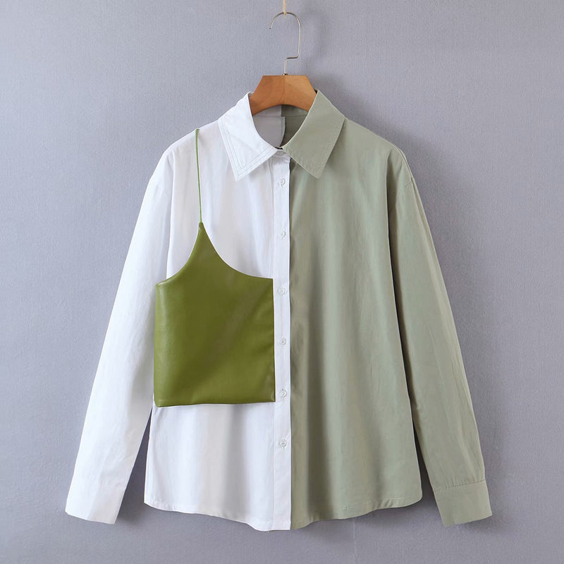 Women Fall Fall Personality PU Leather Design Loose Temperament Stitching Shirt