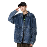 Denim Varsity Jacket Autumn and Winter Design Loose Stitching Turn-down Collar Coat Men's Long-Sleeved Denim Jacket