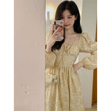 Aesthetic Dress French Style Retro Square Collar Puff Sleeve Dress