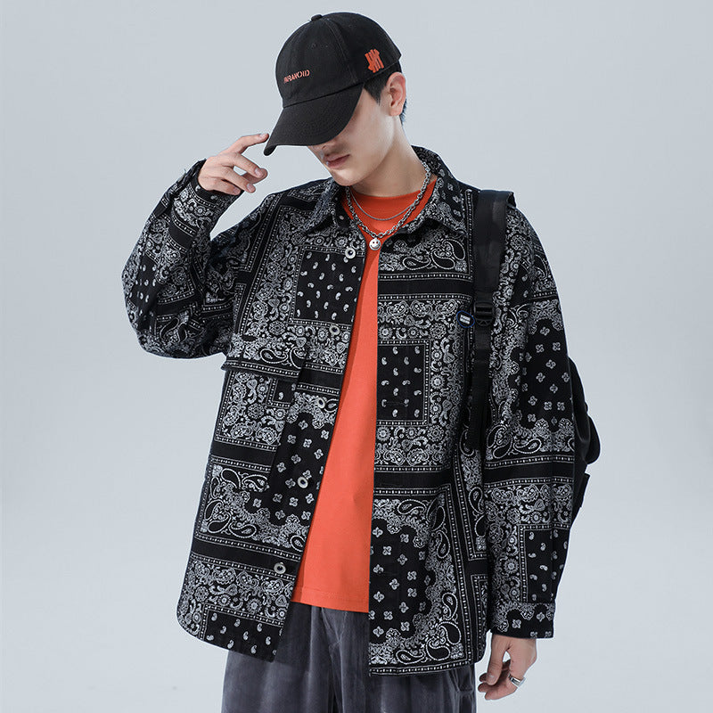 Denim Varsity Jacket Full Printed Loose Denim Jacket Men's plus Size Paisley Casual Jacket