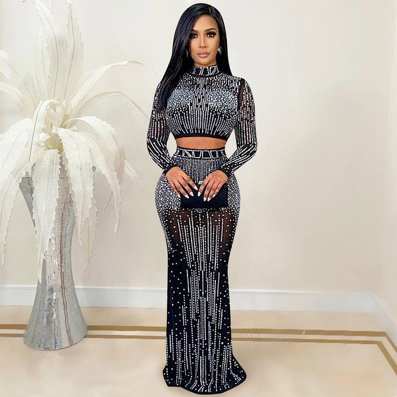Party Pants Suits Fashion Sexy Nightclub Women's Clothing Mesh See-through Long Sleeve Dress Two-Piece Set