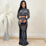 Party Pants Suits Fashion Sexy Nightclub Women's Clothing Mesh See-through Long Sleeve Dress Two-Piece Set
