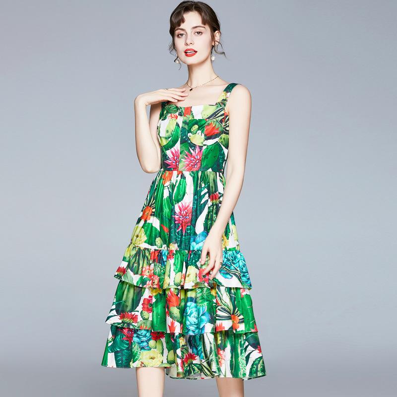 Vintage Cake Dress Vacation Spaghetti Straps Dress Cactus Print Cottagecore Aesthetic Dresses