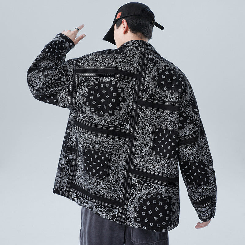 Denim Varsity Jacket Full Printed Loose Denim Jacket Men's plus Size Paisley Casual Jacket