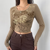 90S Fashion Khaki Vintage Pattern Printed T-shirt Women's Bottoming Top