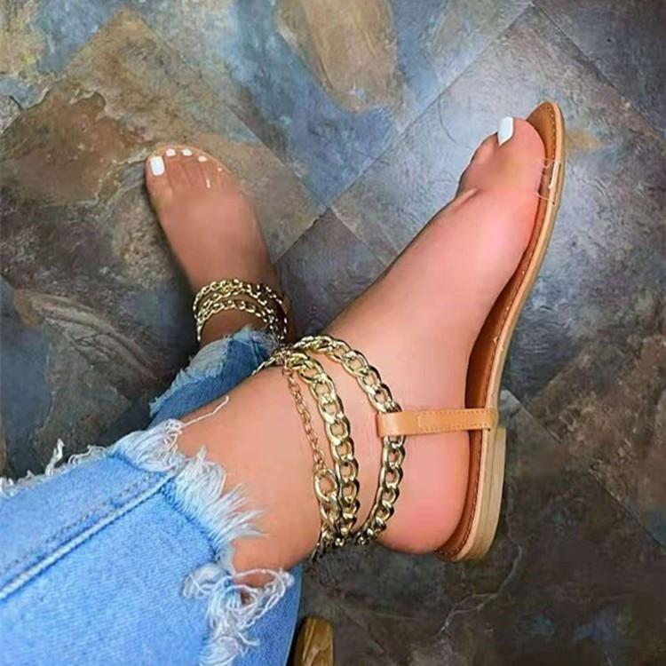 Women Open Toe Sandals Flats Summer Metal Chain Transparent Low Heel Flip-Flops Plus Size