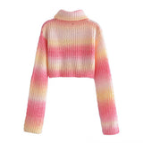 Women Fall Fall Fall Waffle Knitted Striped High Neck Short Sweater