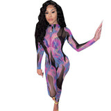 Printed round Neck Long Sleeve Hollow out See-through Tight Trousers Mesh Jumpsuit