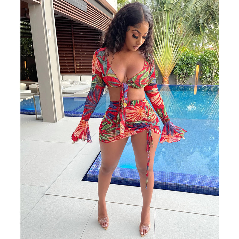 See through Pants Suit Fashion Digital Printed V-neck Tied Long Sleeves