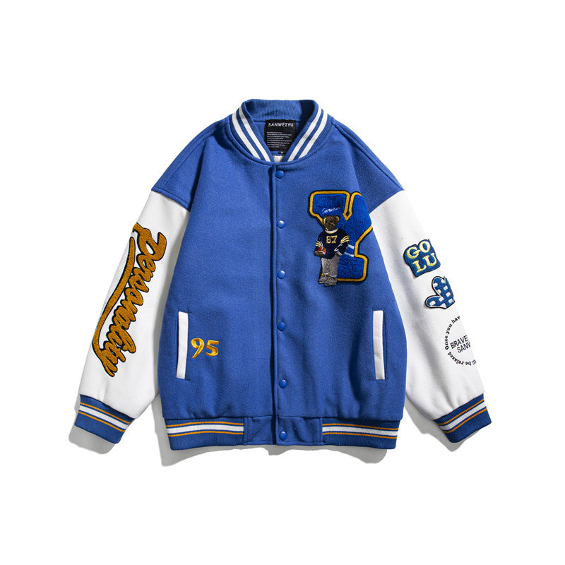 Orange Varsity Jacket Autumn Baseball Uniform Couple Cartoon Embroidered Stand Collar Long Sleeve Jacket Men