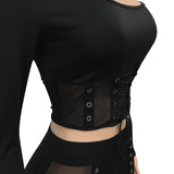 See through Pants Suit Women's Autumn and Winter Sexy Lace-up Mesh See-through Two-Piece Suit