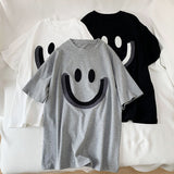 Smiley Face T Shirt round Neck Pullover Smiling Face Embroidery Loose Short Sleeve T-shirt