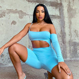 Autumn Solid Color Irregular Single Sleeve Midriff Outfit Shorts Jumpsuit